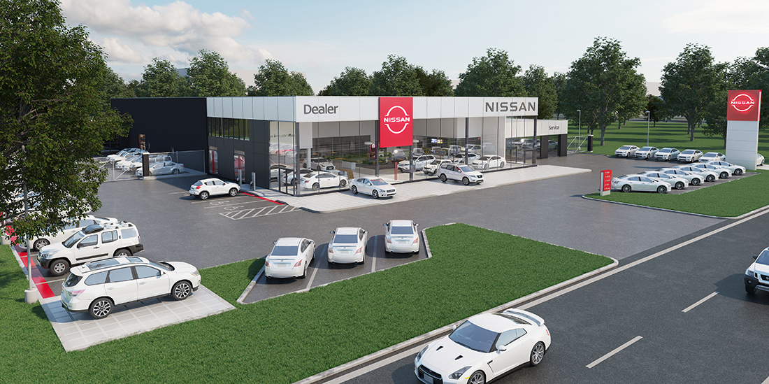 A visual representation of the new Nissan logo on a dealership