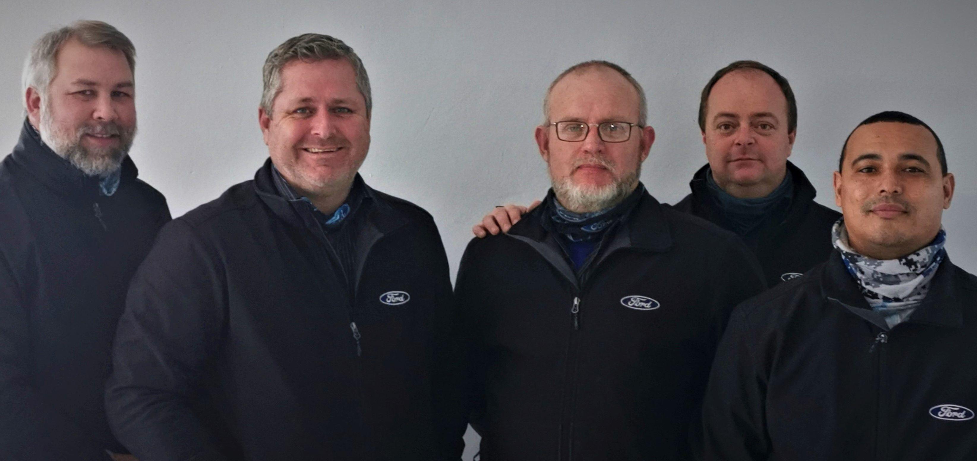 Rola Ford Caledon management team: From left is Wiehan Grobbelaar (FM), Marco Calitz (DP), Vernon Scheepers (Aftersales Manager), Lean de Wet (Sales Manager) and Paul Adonis (Driveway Manager).